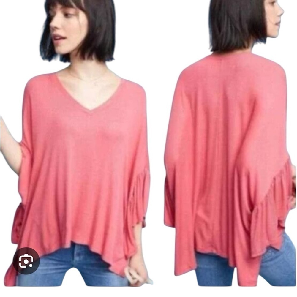 Anthropologie Akemi + Kin Capa Fluttered V-Neck Oversized Ribbed Top  M/L Coral